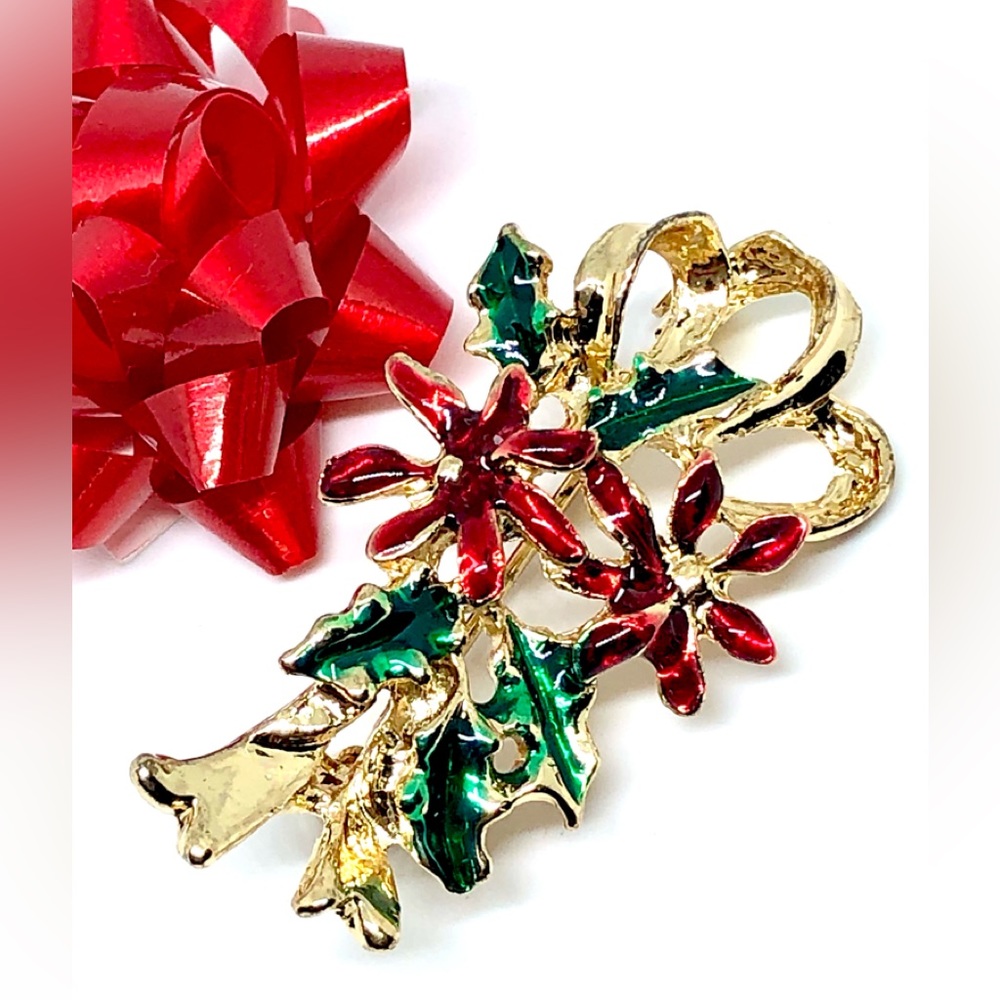 Vintage Christmas Poinsettia Holly Leaf Enamel Gold Ribbon Corsage Brooch Pin